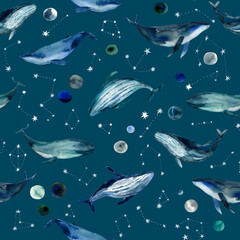 Space planets and whales ocean animals seamless pattern