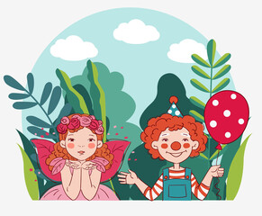 Cute kids in carnival costumes. Vector illustration
