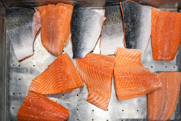 Fresh raw salmon fillet for sale in the supermarket