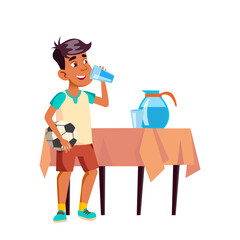 Teen Boy Drinking Water After Soccer Game Vector. Hispanic Teenager Guy Drink Water From Glass, Carafe And Cup Standing On Table. Character With Football Ball Flat Cartoon Illustration