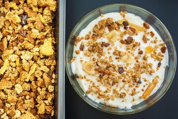 Cereal background with milk and muesli