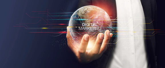 The glow light Data digital marketing analysis graph with light bulb in dark background. 3D illustration in Technology concepts. Elements of this Image Furnished by NASA.