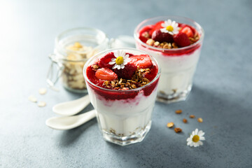 Yogurt dessert with granola and berries