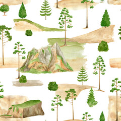 Watercolor mountain ridge landscape seamless pattern. Hand drawn high green mountains range, pine trees isolated on white. Summer forest background. Woodland nature illustration. Travel design.