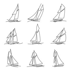 Set of simple vector images of sailing yachts on waves drawn in line style. - 489848900