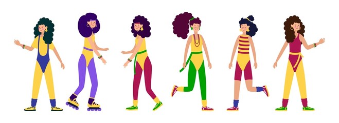 Happy Young Characters girls in Fashionable clothes leggings and swimsuits and hairstyles of the 80s-90s Stylish Retro Women's party. Vector Illustration Of Cartoon People