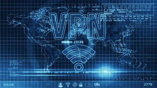 VPN on moving computer screens loop. Virtual private network and encrypted link tunnel abstract concept 3d loopable and seamless with glitch effect.