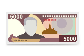 Lao Kip Vector Illustration. Laos money set bundle banknotes. Paper money 5000 LAK. Flat style. Isolated on white background. Simple minimal design.