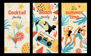 Set of vertical beach party illustrations with dancing young people, toucan on tape recorder cocktails and tropical plants