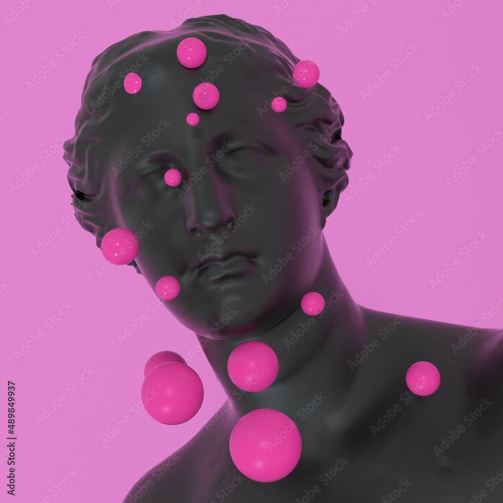 Aufkleber surrealistic 3d illustration of the statue of venus de milo and the spheres around it.