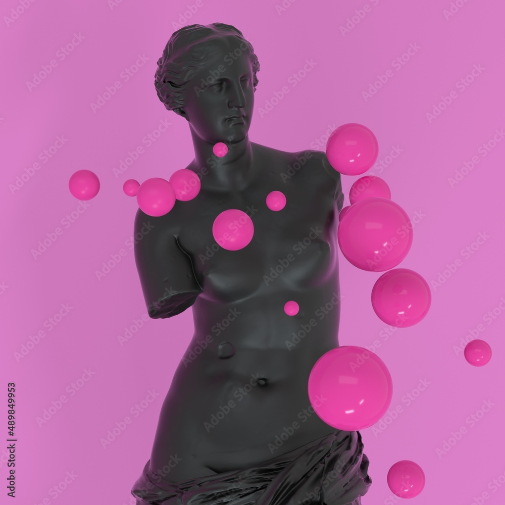 Aufkleber surrealistic 3d illustration of the statue of venus de milo and the spheres around it.