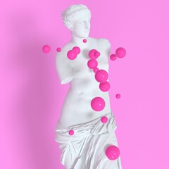 Surrealistic 3D illustration of the statue of Venus de Milo and the spheres around it.