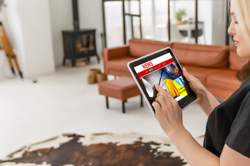 tablet news war and flag of russia and ukraine