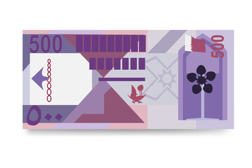 Qatari Rial Vector Illustration. Qatar money set bundle banknotes. Paper money 500 QAR. Flat style. Isolated on white background. Simple minimal design.