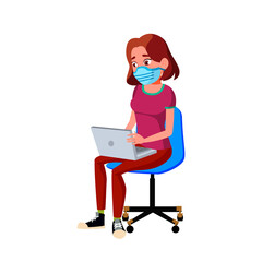 Fototapeta na wymiar Teen Girl Wearing Mask And Work On Laptop Vector. Young Lady Teenager Wear Protective Facial Mask, Sitting On Chair And Working On Portable Computer. Character Flat Cartoon Illustration