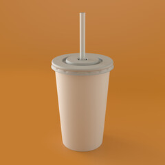 White Paper Soda Cup on Orange Background, 3d Rendering