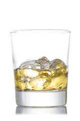 Whiskey glass with ice cubes isolated on white background with clipping path and copy space for your text