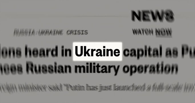 Ukraine text highlighted among random text, similar to newspaper articles in media across the globe. Russo-Ukrainian war concept.