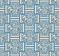 Seamless pattern with abstract roses, vintage art nouveau blue and ivory floral and geometric ornament - 489852509