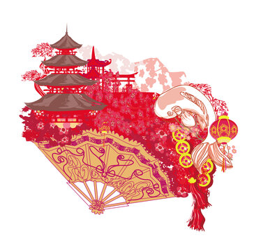 recommend clip art: Japanese koi vintage fan - artistic abstract illustration