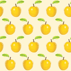 Illustration realism seamless pattern fruit apple yellow color on a light yellow background. High quality illustration