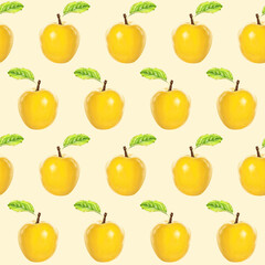 Illustration realism seamless pattern fruit apple yellow color on a light yellow background. High quality illustration