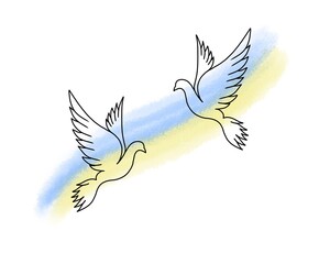 Love Ukraine, emblems of watercolor national flag colors. Flag of Ukraine with doves. world peace