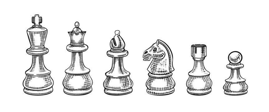 Hand-drawn sketch set of Chess pieces on a white background. Chess