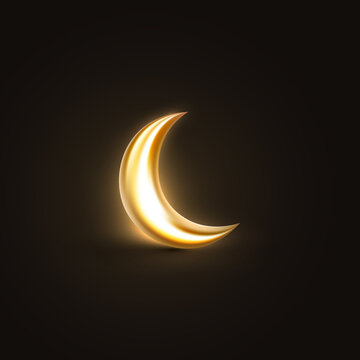 3d golden crescent moon with a bright glow on black background. Vector illustration