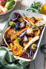 Colorful grilled and roasted vegetables in tray