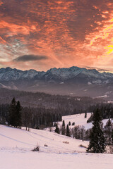 Sunset in Tatra Mountains in Poland at Winter
