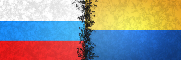 Illustration of the flag of russia and ukraine with a dark stripe in the center. Concept