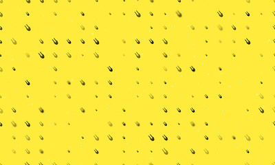 Seamless background pattern of evenly spaced black solo bobsleigh symbols of different sizes and opacity. Vector illustration on yellow background with stars