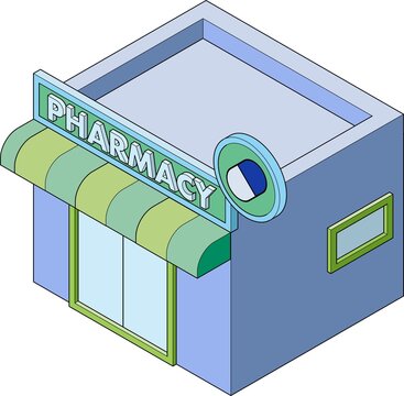 recommend clip art: 左向き、主線あり、立体的なアイソメトリックスタイルの薬局の外観イラスト.