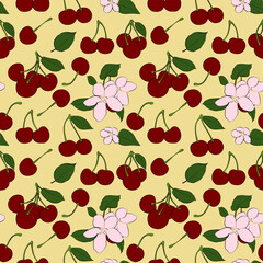 A set of seamless patterns of cherries, leaves and fruits, 1000x1000 pixels. Vector grafic