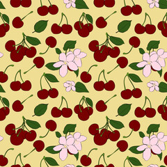 A set of seamless patterns of cherries, leaves and fruits, 1000x1000 pixels. Vector grafic