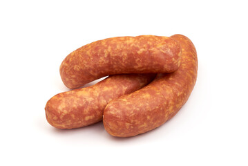 Semi-dry sausage with lettuce. Isolated on a white background. Close-up.