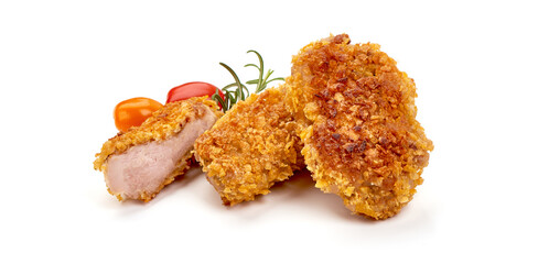 Fried Chicken strips in breadcrumbs, isolated on white background.