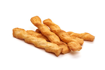 Crunchy bread sticks, cheese sticks, isolated on white background. High resolution image.