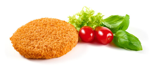 Chicken Cordon bleu with cheese in breadcrumbs, isolated on white background.