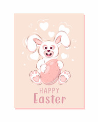 Easter greeting card with cute cartoon bunny and egg. Easter posters in pastel colors. Bunny ears and bunny tail vector illustrations.