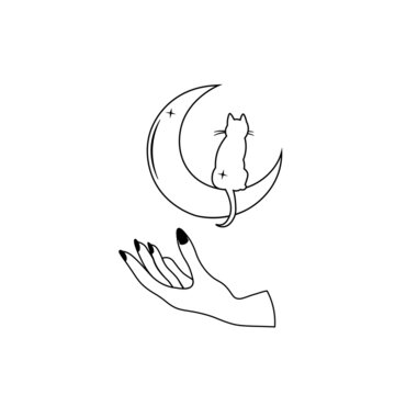 Elegant hand, crescent moon and cat. Mystical vector illustration. Esoteric poster. Witch hand isolated on white background. Use for card, t-shirt print, astrology, tarot logo, meditation concept.