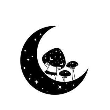 Black and white boho moon with magic mushrooms. Mystical vector illustration isolated on white background. Witch art with crescent moon. Clipart for astrology logo, tarot, print, tattoo concept.