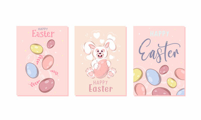 Happy Easter Set of Sale banners, greeting cards, posters, holiday covers. Trendy design with typography, hand painted plants, dots, eggs and bunny, in pastel colors. Modern art minimalist style.