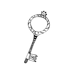 Sketch of an old vintage handmade door key on a white background.
