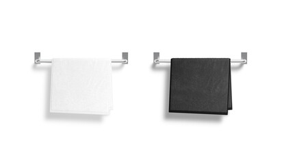 Blank black and white small towel on heated rail mockup