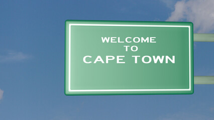 3D Welcome to Cape town sign on highway sign and sky in the background