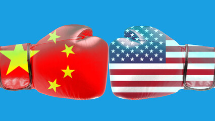 3D China VS America and International relations and boxing of flags