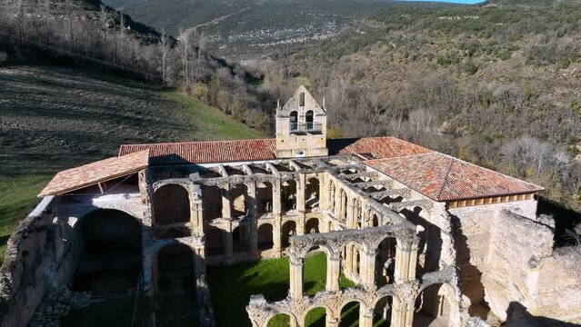 Aerial view from a drone of the ruins of the Monastery of Santa Mar&iacute;a de Rioseco, on the banks of the Ebro River, in the Manzanedo Valley. The Merindades of Burgos, Castilla y Leon, Spain, Europe