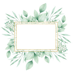 Watercolor illustration card green branches berries rectangle gold  frame. Isolated on white background. Hand drawn clipart. Perfect for card, postcard, tags, invitation, printing, wrapping.